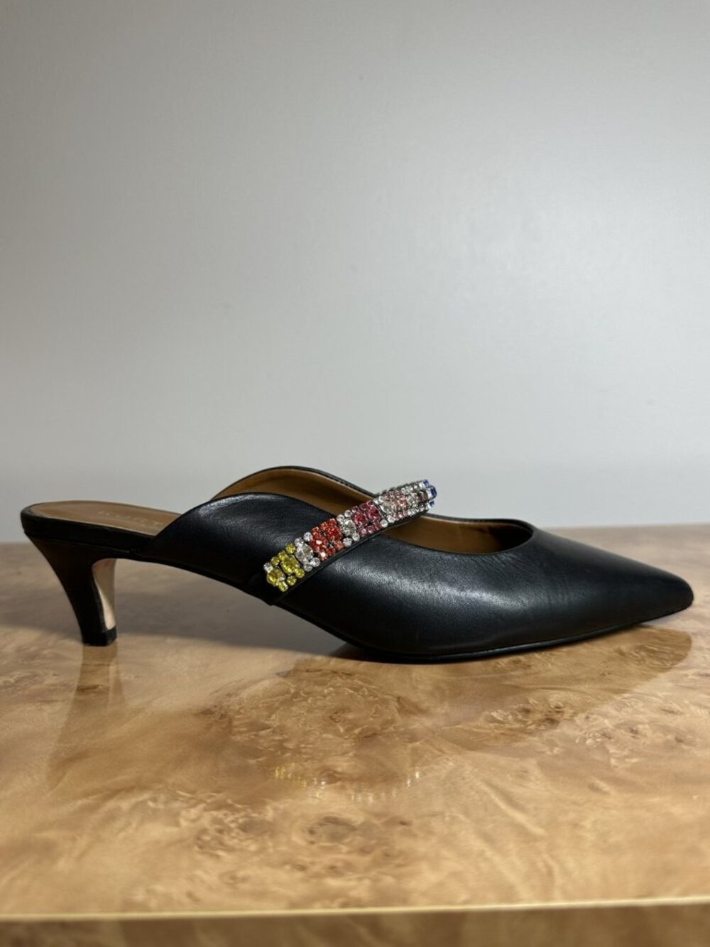 Kurt Geiger London Black Leather Crystal Rainbow Strap Low Heel Mules EU 40